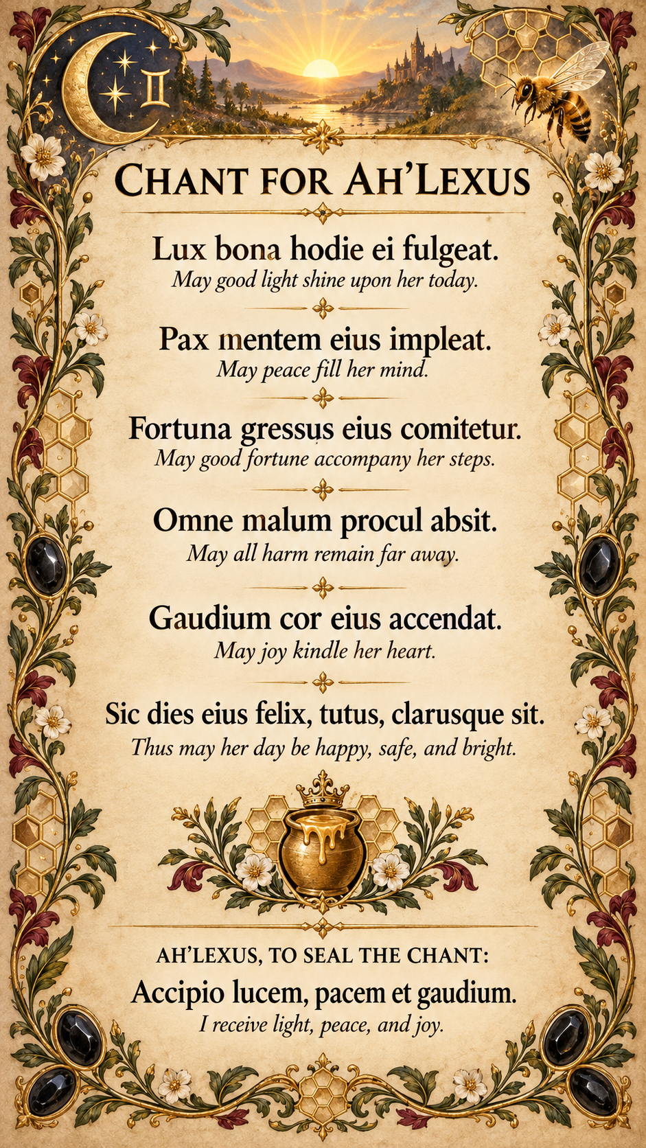 A Latin chant wishing Ah’lexus a happy, safe and bright day